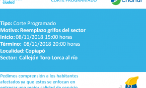 ¡Toma nota! Este jueves habrá 3 cortes de agua programados que afectarán a 3 sectores de Copiapó 